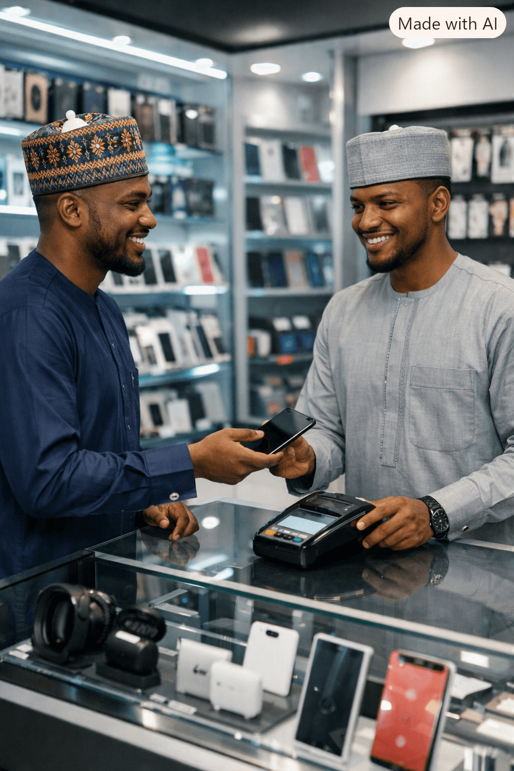 Two customers completing a phone purchase in a local shop