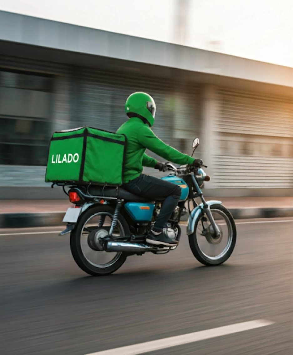 A LILADO rider travelling through the city on a delivery motorbike